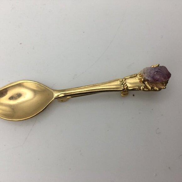 Vintage Small Gold Tone Spoon Pin Brooch Jewelry Amethyst Maple Leaf 2 1/2" - Picture 6 of 11